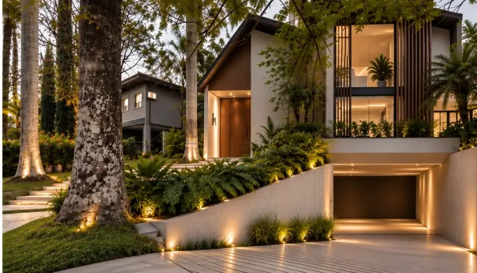 Proposta de fachada contemporânea com brises de madeira, pedra e iluminação