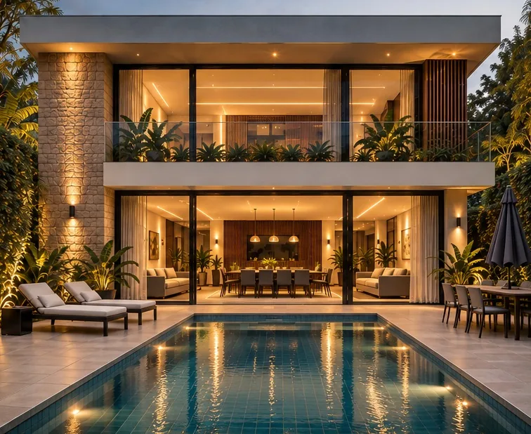 Proposta de área externa com piscina, terraço e ambientes integrados