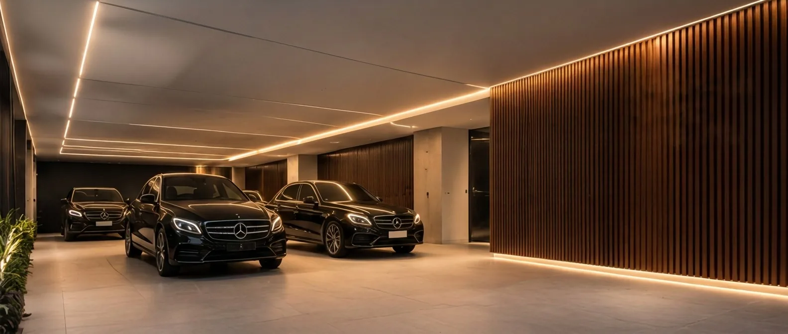 Proposta de garagem subterrânea com revestimento ripado e iluminação linear