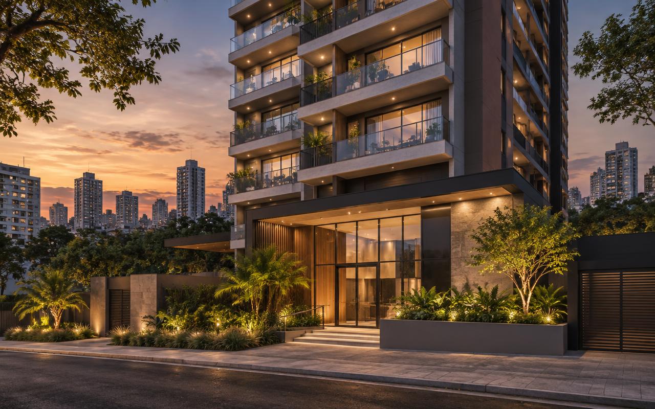 Maquete arquitetônica de empreendimento residencial compacto em São Paulo